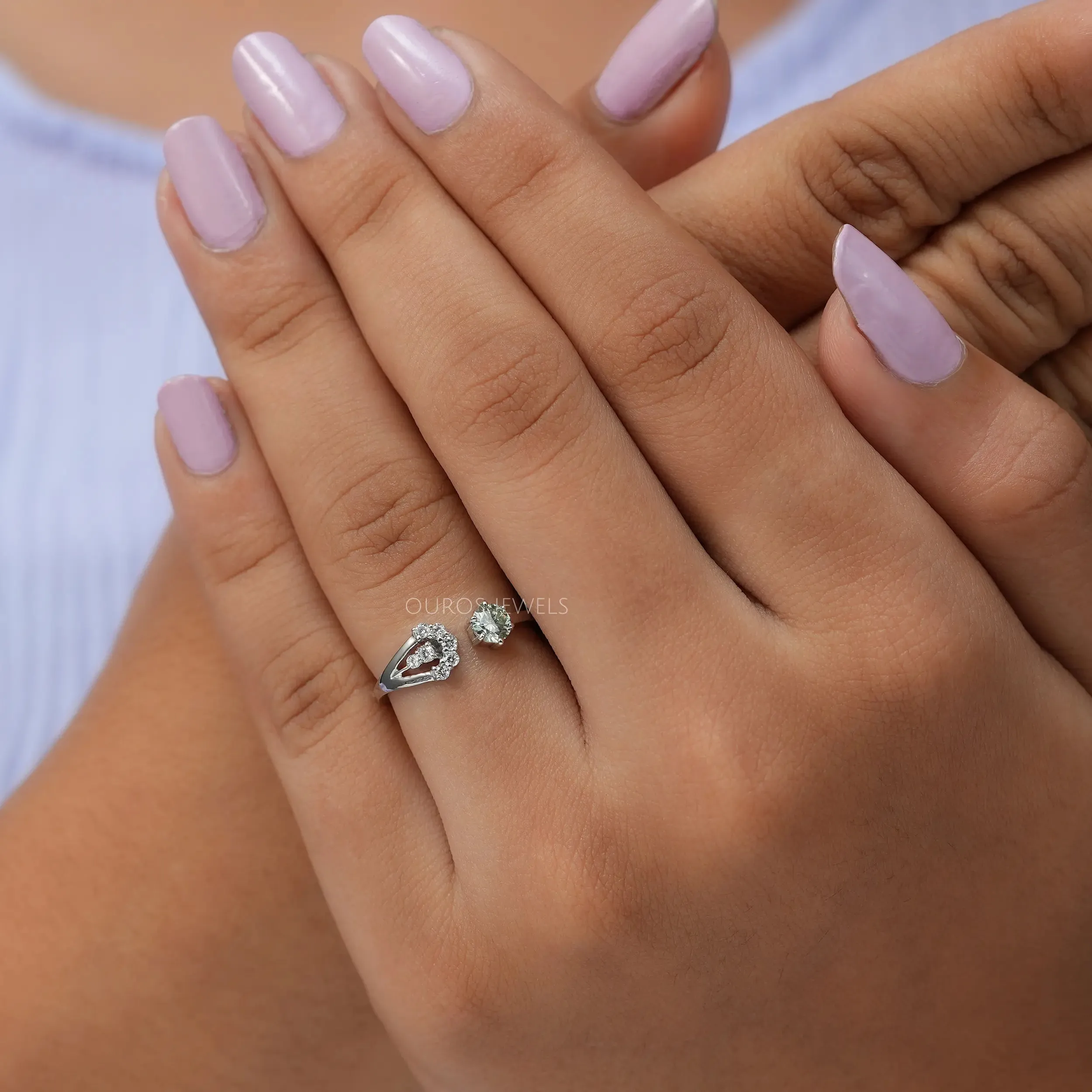 Green Round Diamond Open Cuff Dainty Ring