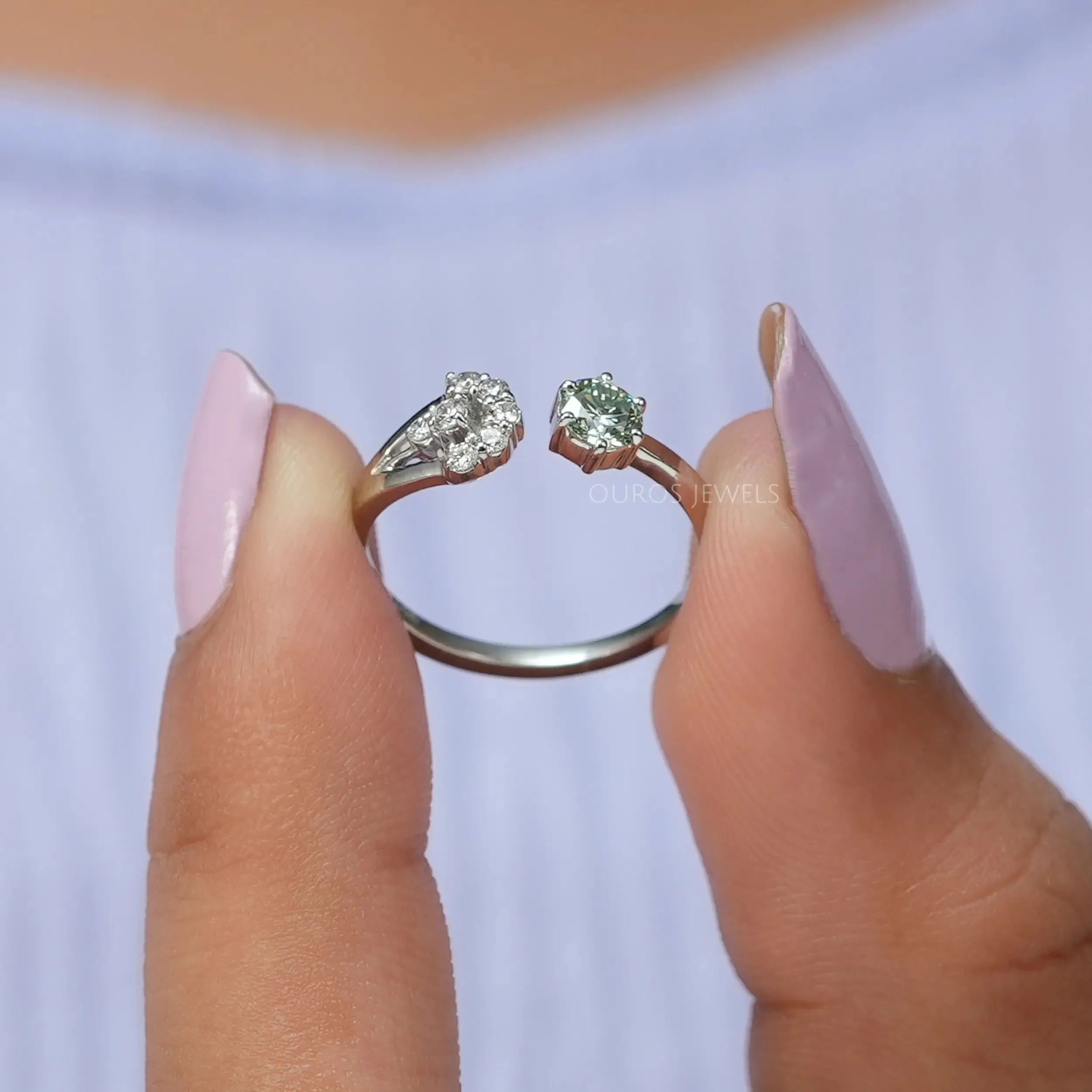 Green Round Diamond Open Cuff Dainty Ring