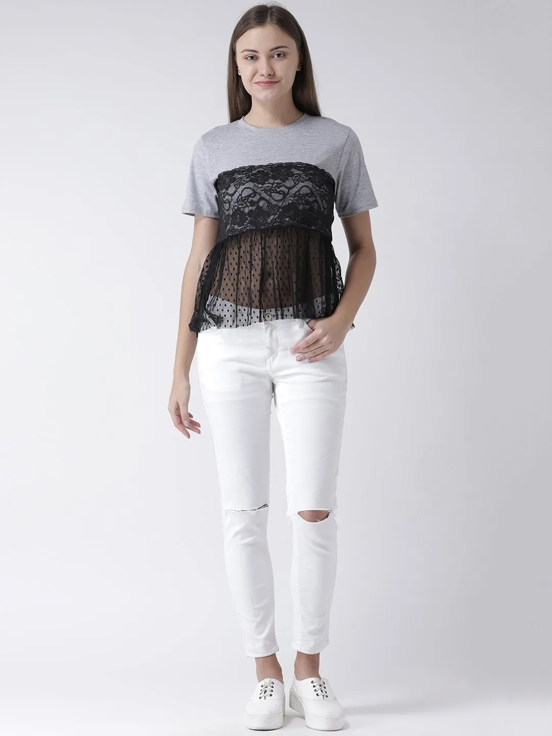 GREY BASIC TOP WITH LACE INSERT