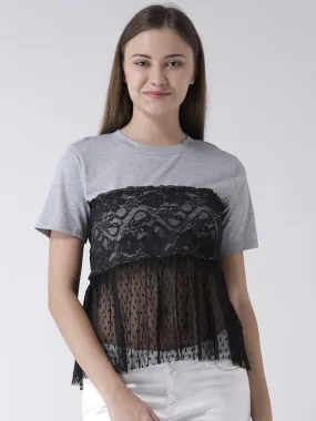 GREY BASIC TOP WITH LACE INSERT