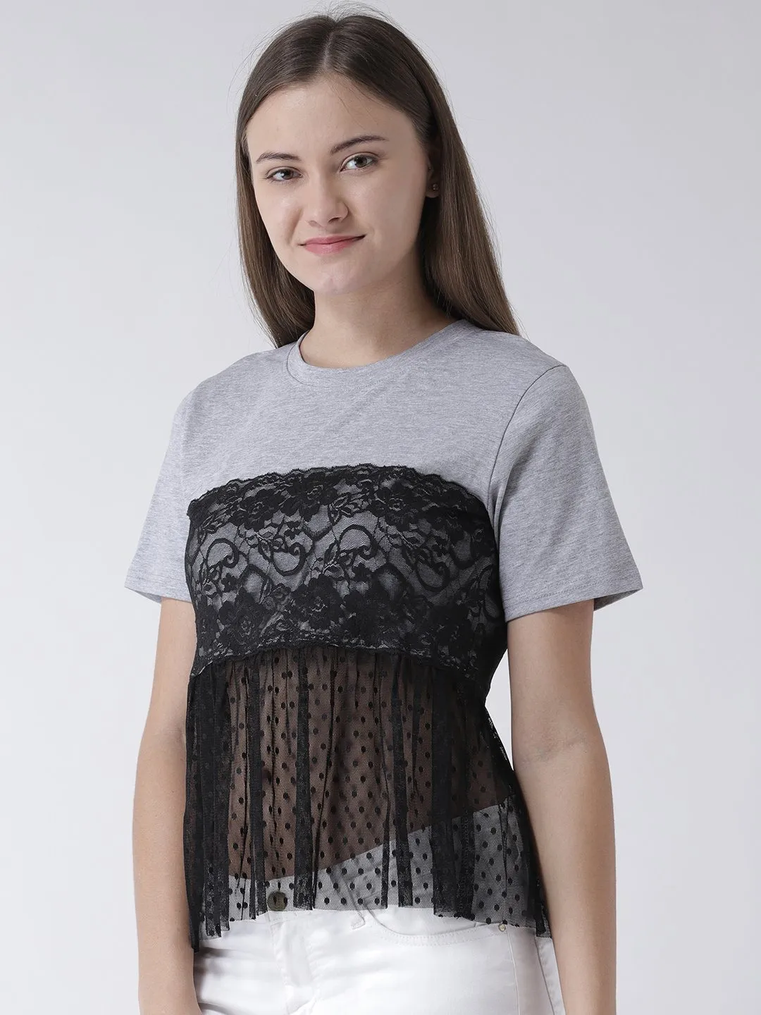 GREY BASIC TOP WITH LACE INSERT