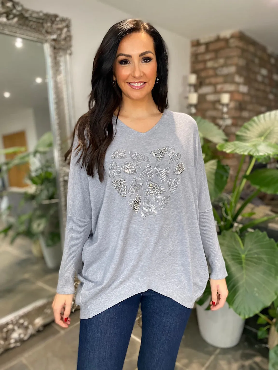 Grey Embellished Heart Batwing Pam