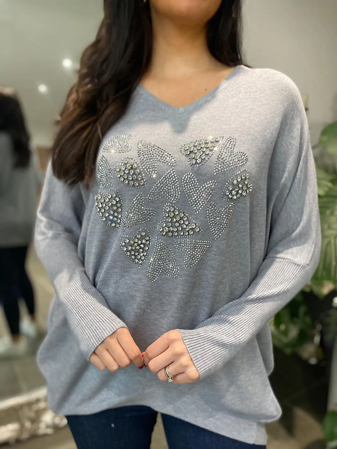 Grey Embellished Heart Batwing Pam