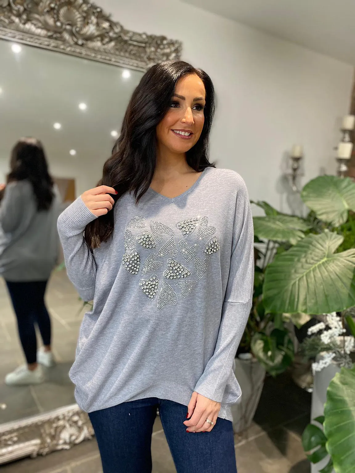 Grey Embellished Heart Batwing Pam