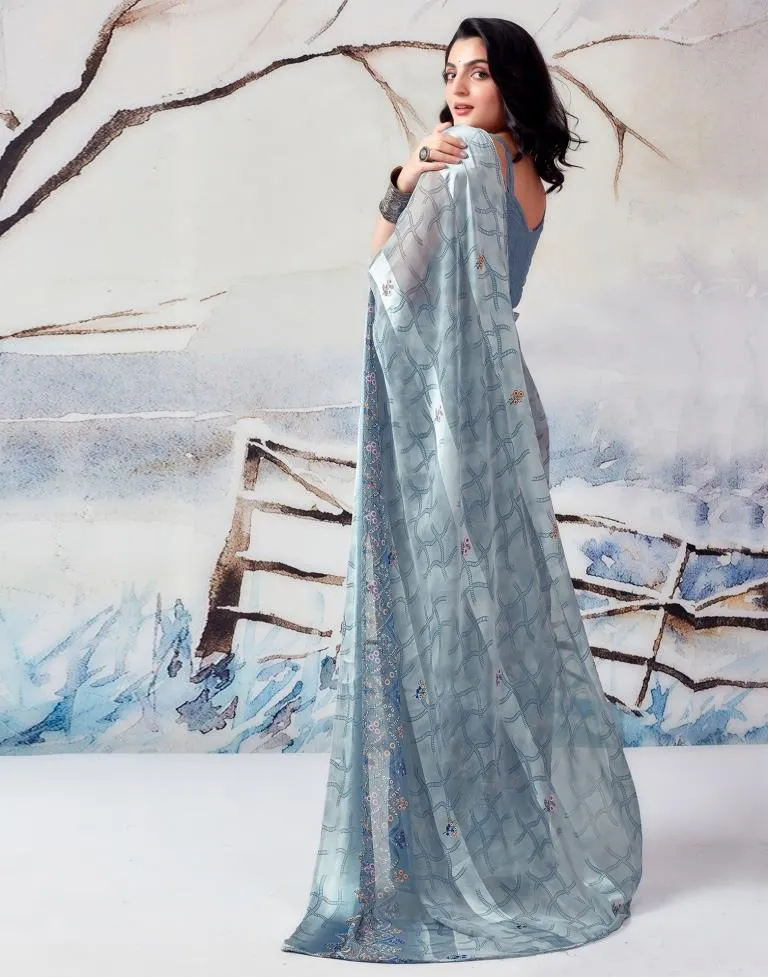 Grey Georgette Printed  Saree