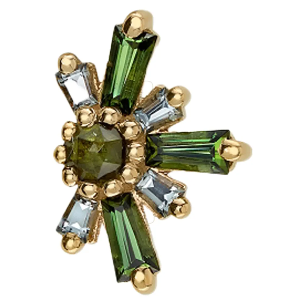 Half Mininova & Half Supernova Threaded End in Gold with Green Tourmaline & Grey Sapphire