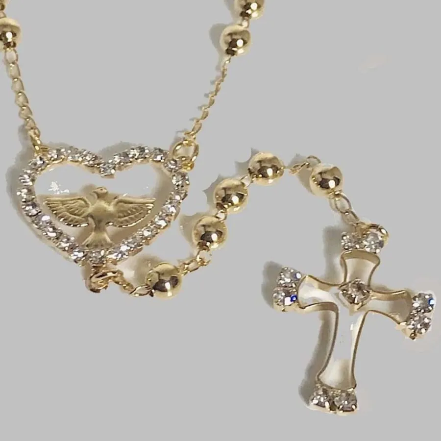 Heart dove 3mm beads 18k gold plated rosary