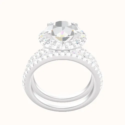 illusion Pave Engagement Ring With Halo with Double Prong Head and Matching Band