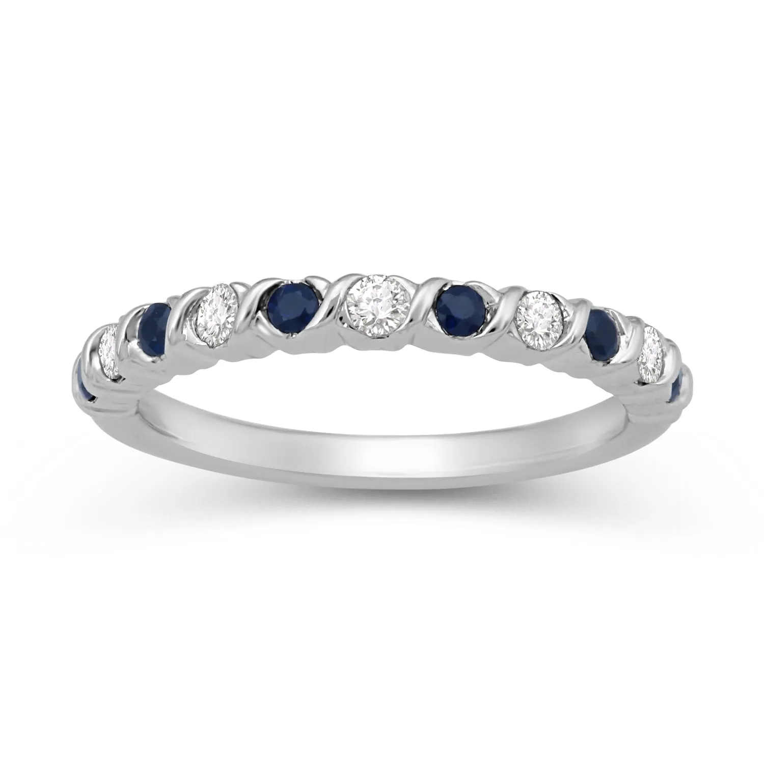 Jewelili 10K White Gold 2mm Blue Sapphire and 1/5CTTW Natural White Diamonds Band Ring