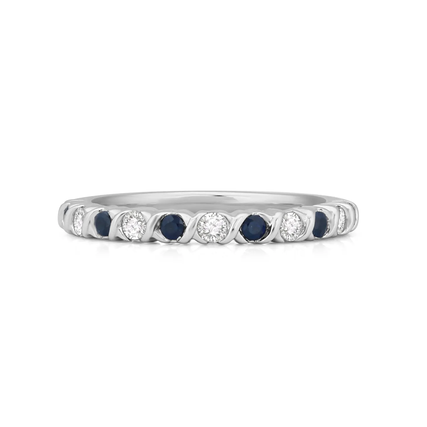 Jewelili 10K White Gold 2mm Blue Sapphire and 1/5CTTW Natural White Diamonds Band Ring