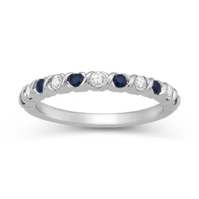 Jewelili 10K White Gold 2mm Blue Sapphire and 1/5CTTW Natural White Diamonds Band Ring