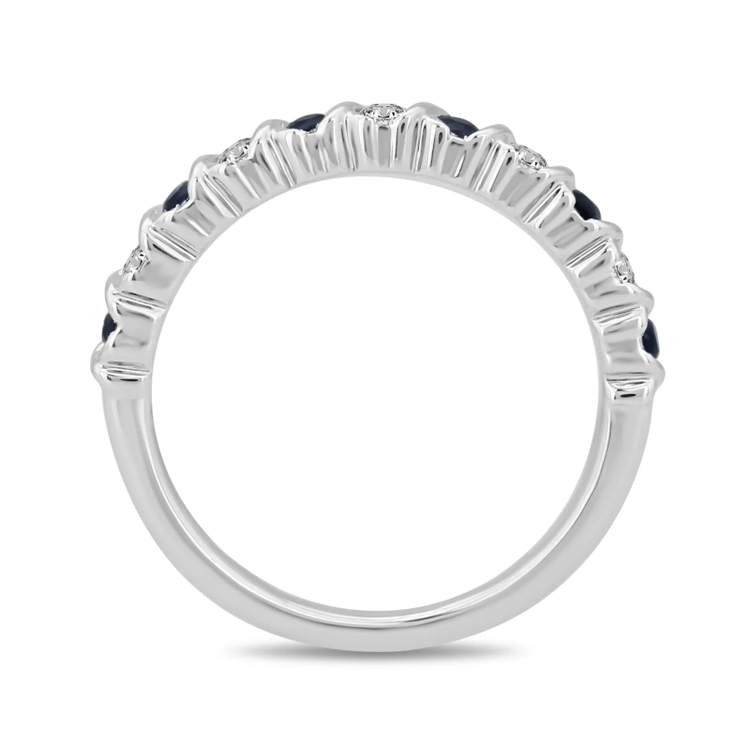 Jewelili 10K White Gold 2mm Blue Sapphire and 1/5CTTW Natural White Diamonds Band Ring