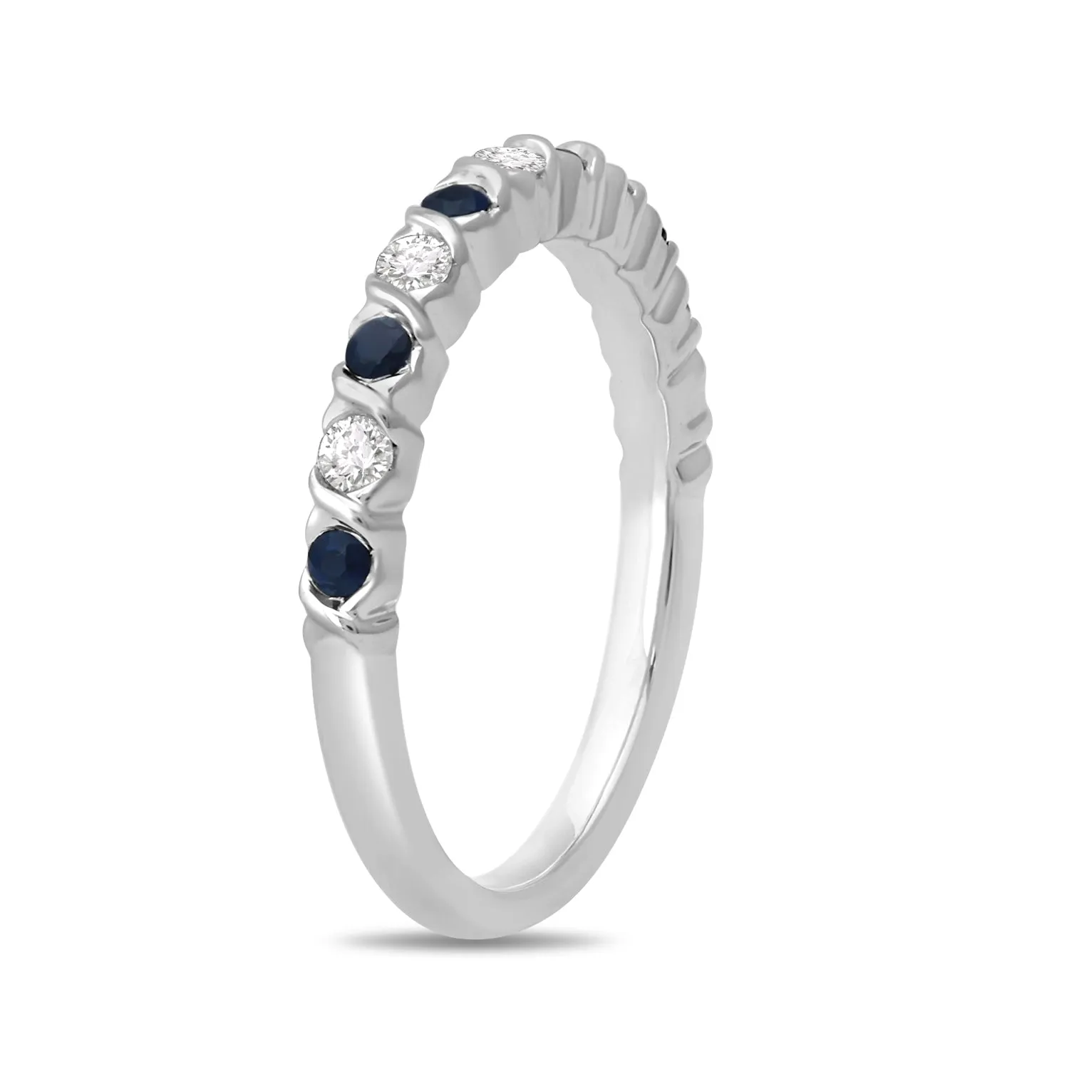 Jewelili 10K White Gold 2mm Blue Sapphire and 1/5CTTW Natural White Diamonds Band Ring