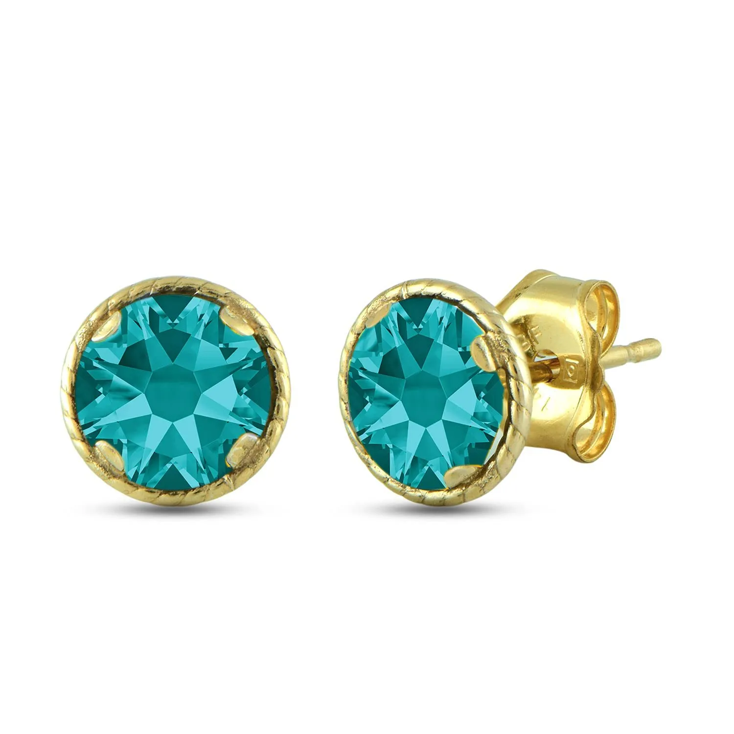 Jewelili 10K Yellow Gold with Round Blue Zirconia Crystal Stud Earrings