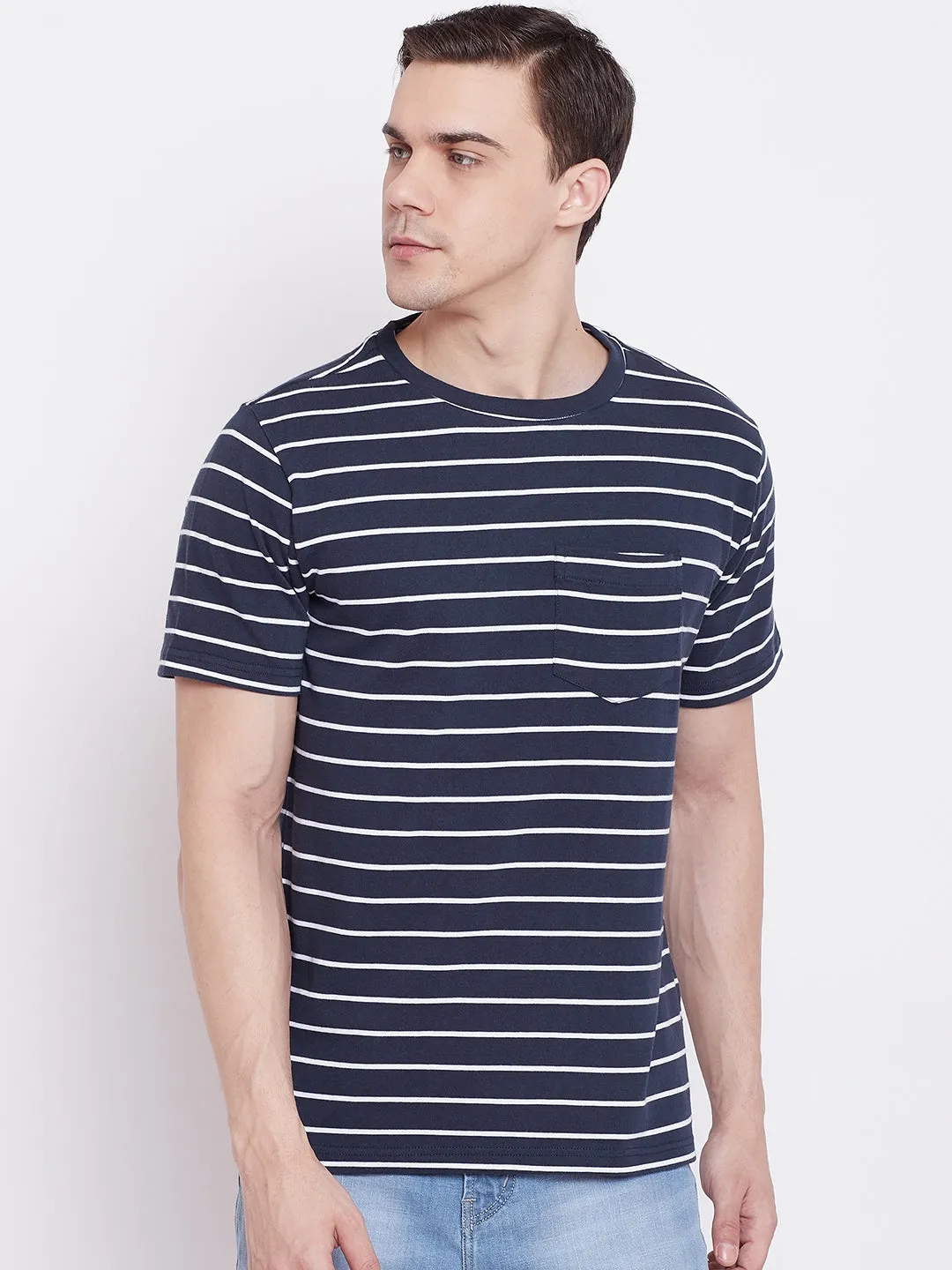 JUMP USA Men Navy Blue Striped Round Neck T-shirt