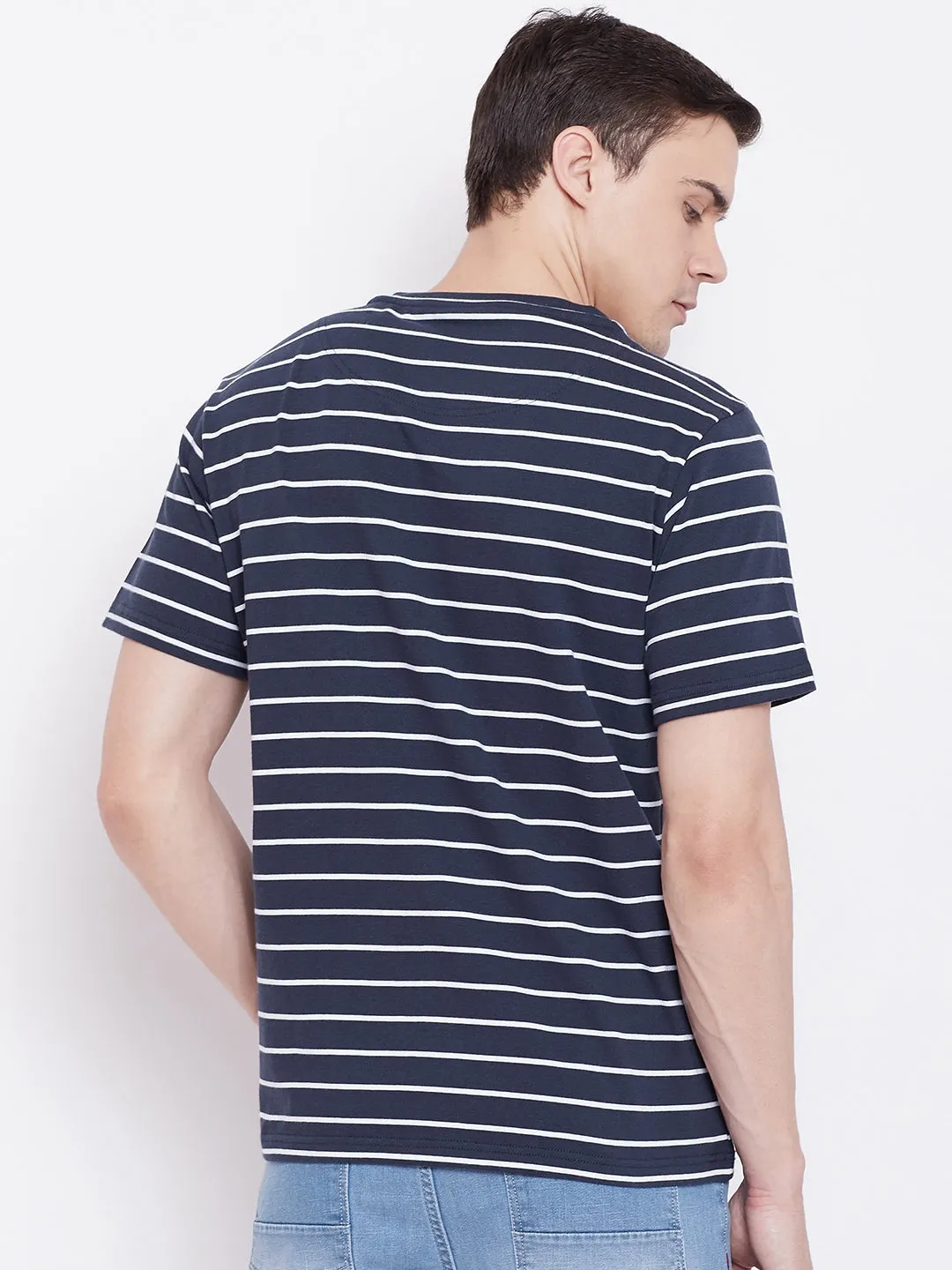 JUMP USA Men Navy Blue Striped Round Neck T-shirt