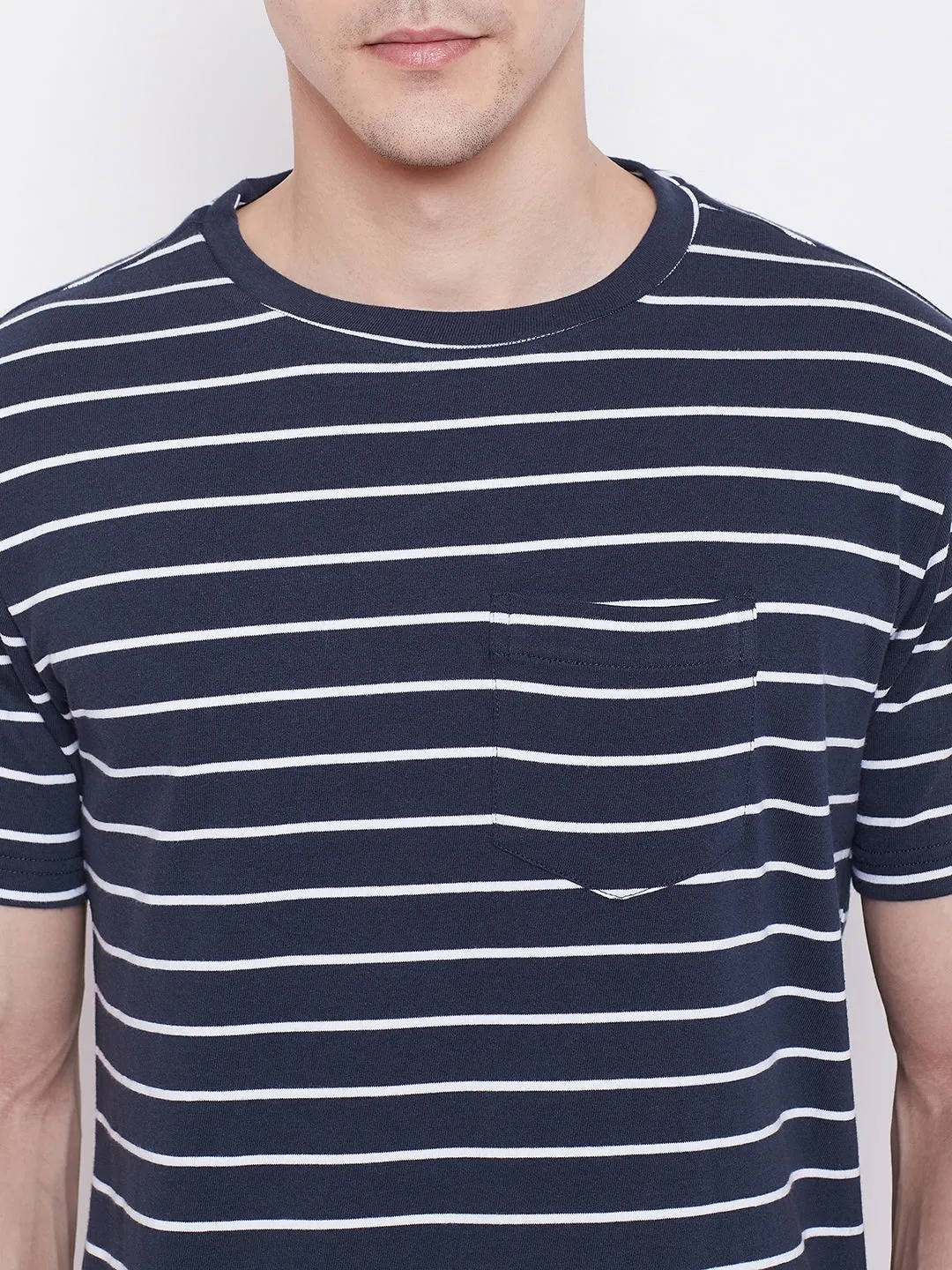 JUMP USA Men Navy Blue Striped Round Neck T-shirt