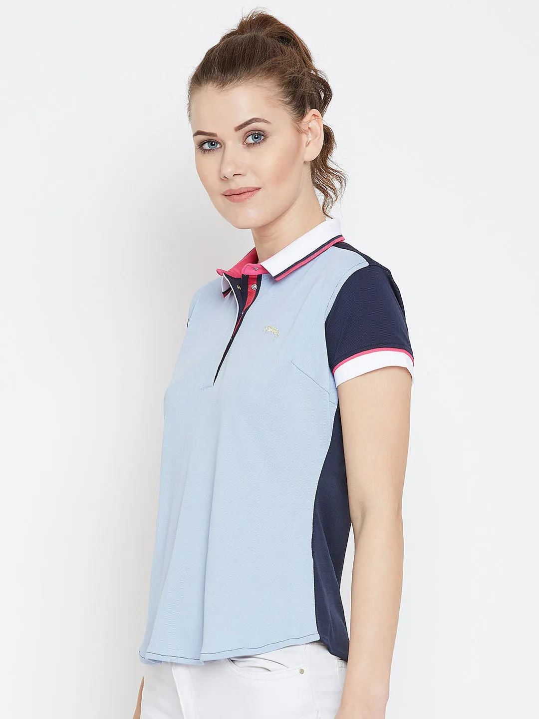 JUMP USA Women Blue & Navy Blue Solid Polo Collar T-Shirt