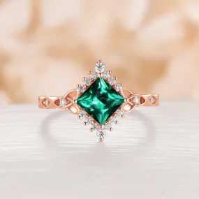 Lab Emerald Princess Cut Engagement Ring Celtic Rose Gold