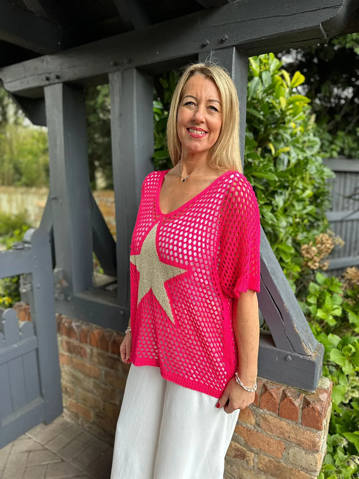 Lipstick Pink V Neck Star Loose Knit  Alex