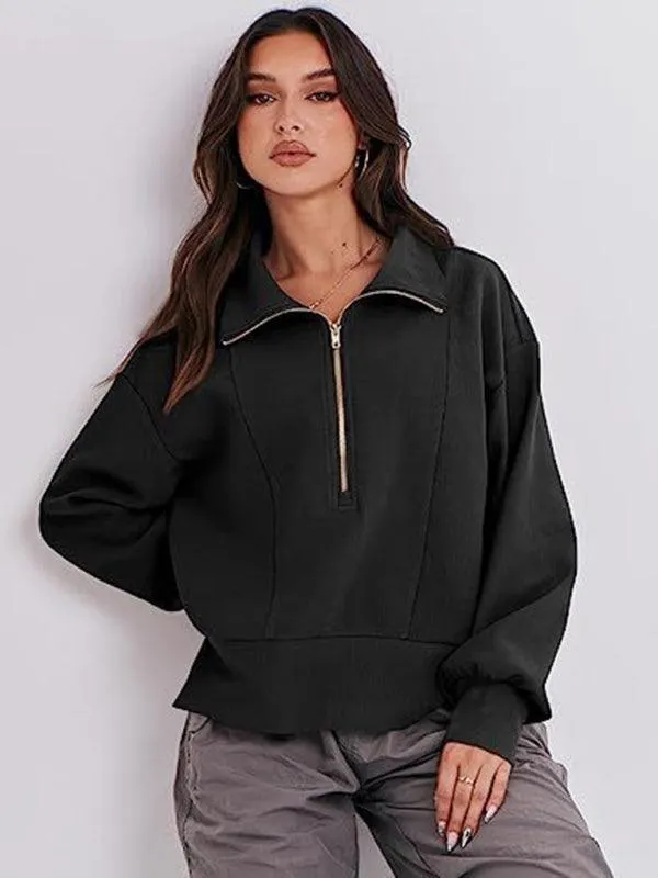 Loose Zipper Neck Women Sweatshirt