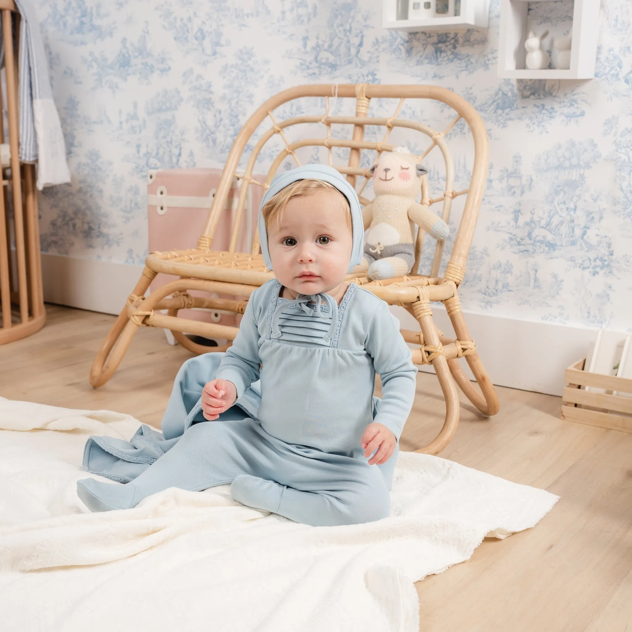 Mabel Bebe Beau Blue Pleat Stretchie and Bonnet