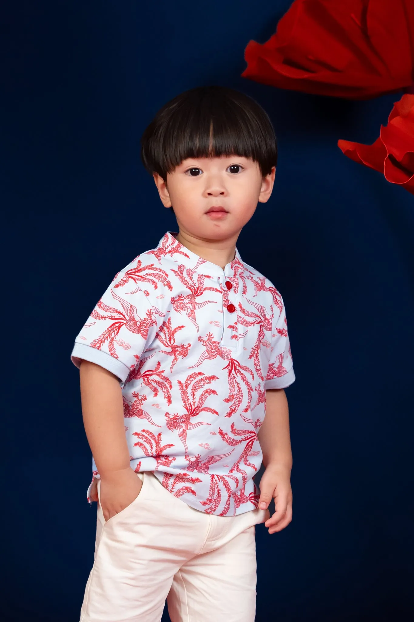 Mandarin-collared Polo Tee - Blue-Red Phoenix