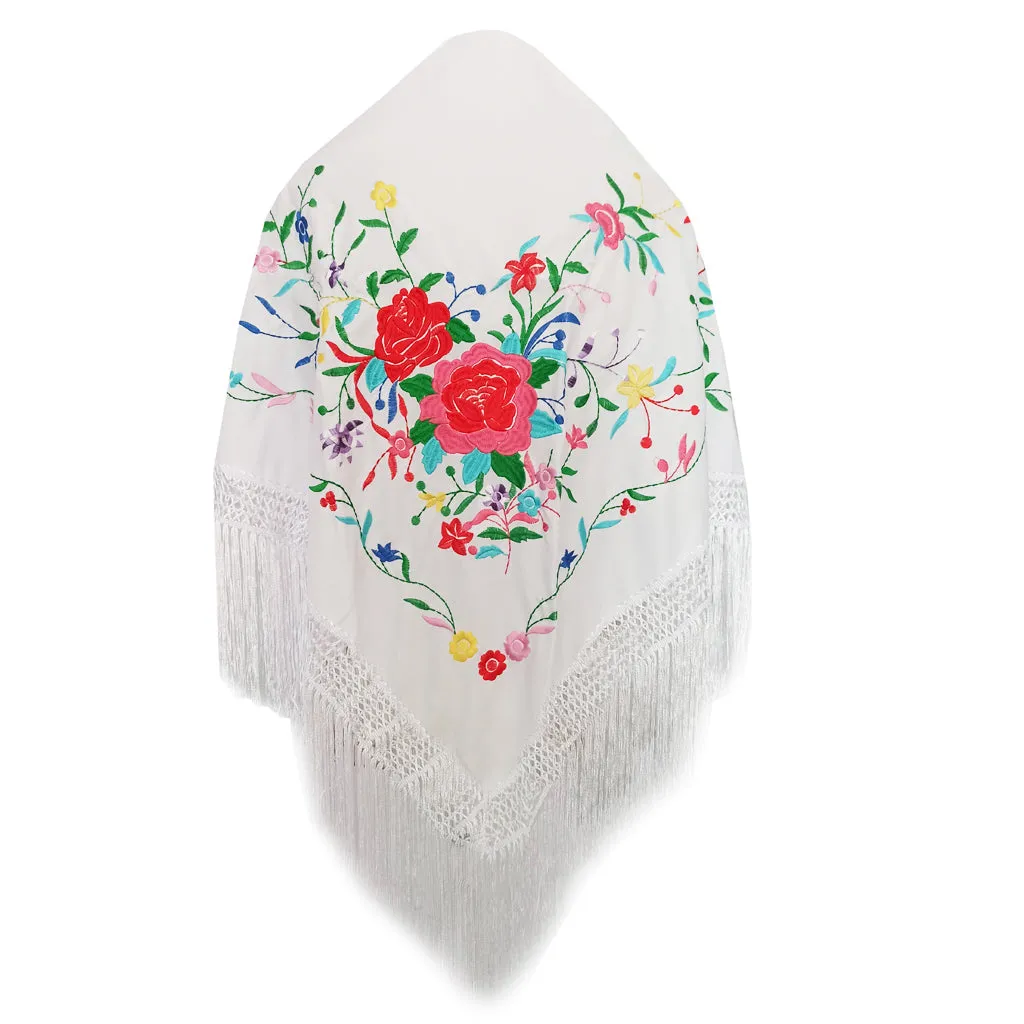 Mantón Flamenco Grande Bordado · Blanco Multicolor Floral (175 x 85cm)