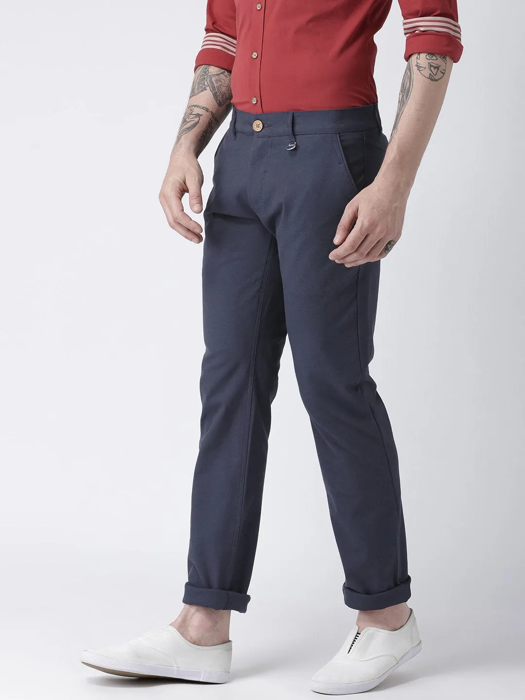 Men Navy Blue Slim Fit Solid Chinos