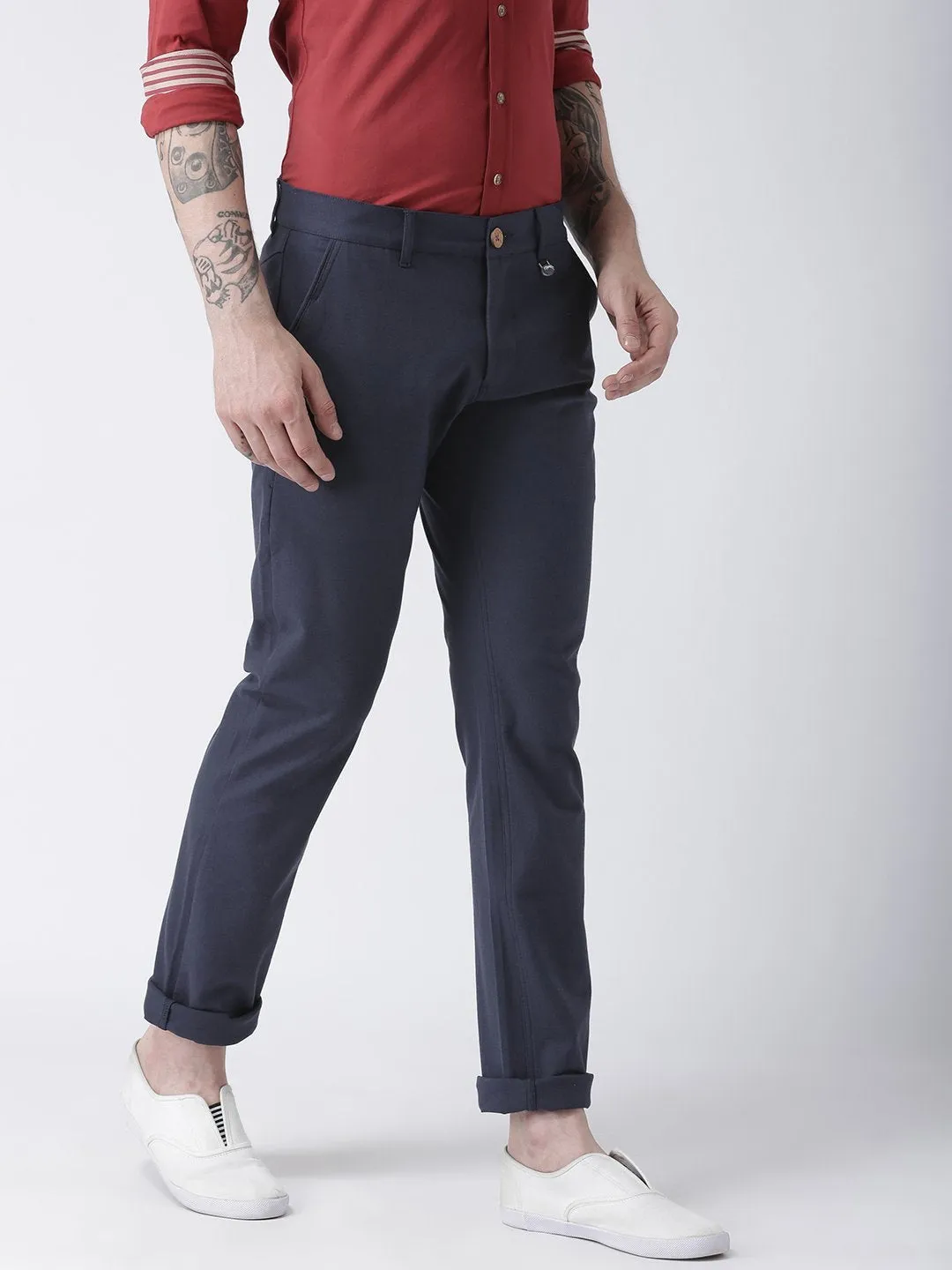 Men Navy Blue Slim Fit Solid Chinos