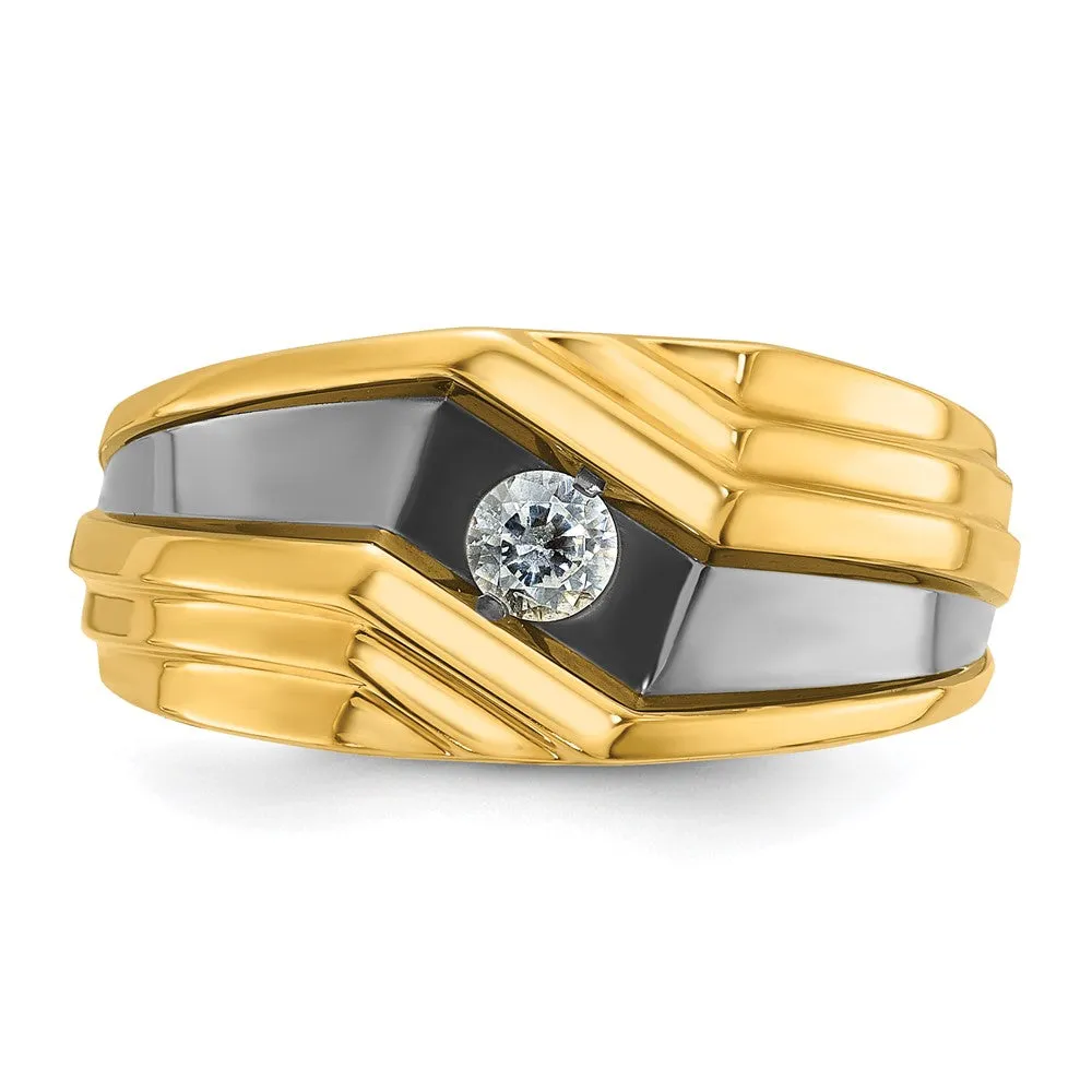 Mens 10.25mm 14K Yellow Gold Black Rhodium 1/6 Ct Diamond Tapered Band