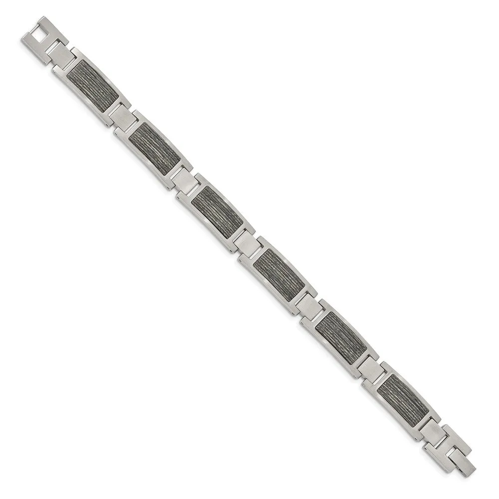 Men's 12mm Stainless Steel & Grey Wood Inlay Link Bracelet, 8.75 Inch