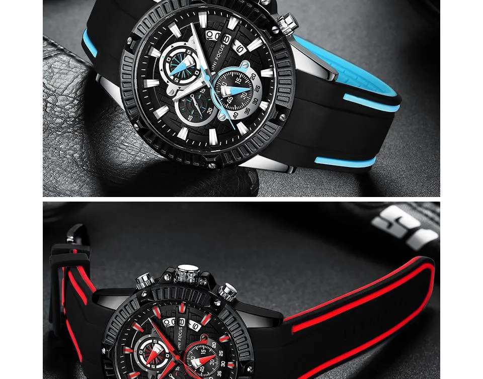 Men's Chronograph Fashion Silicone Quartz Sports Calendar Wristwatches