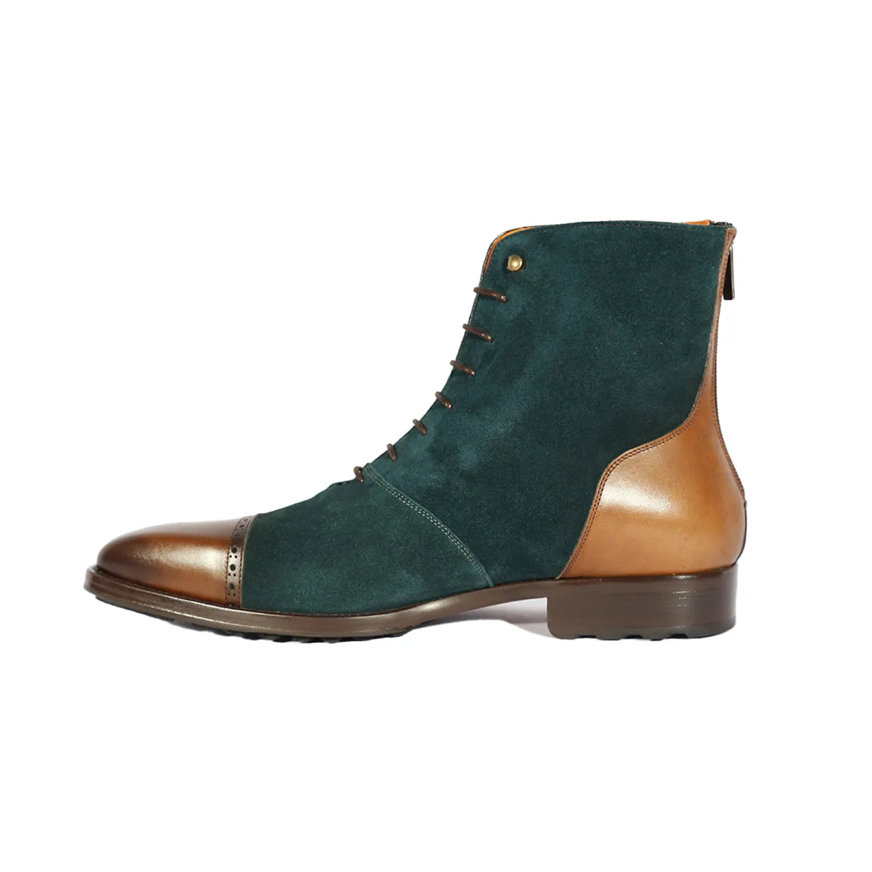 Mezlan S20489 Men's Shoes Brown & Green Suede / Calf-Skin Leather Cap-Toe Boots (MZS3553)