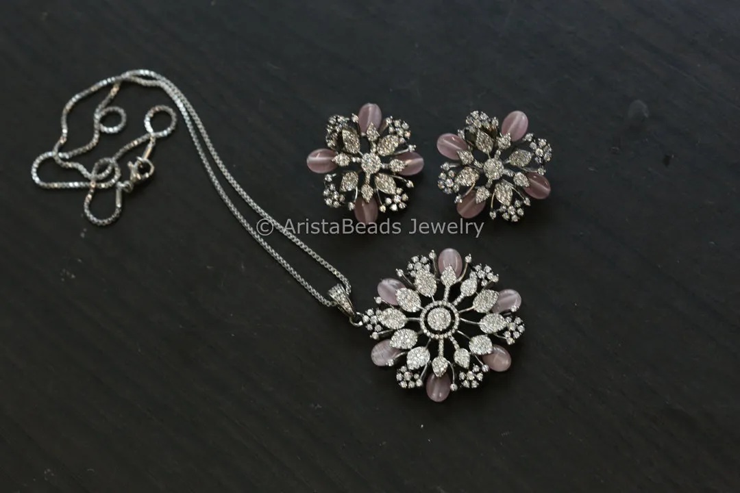 Micro CZ Victorian Pendant Set - Pink