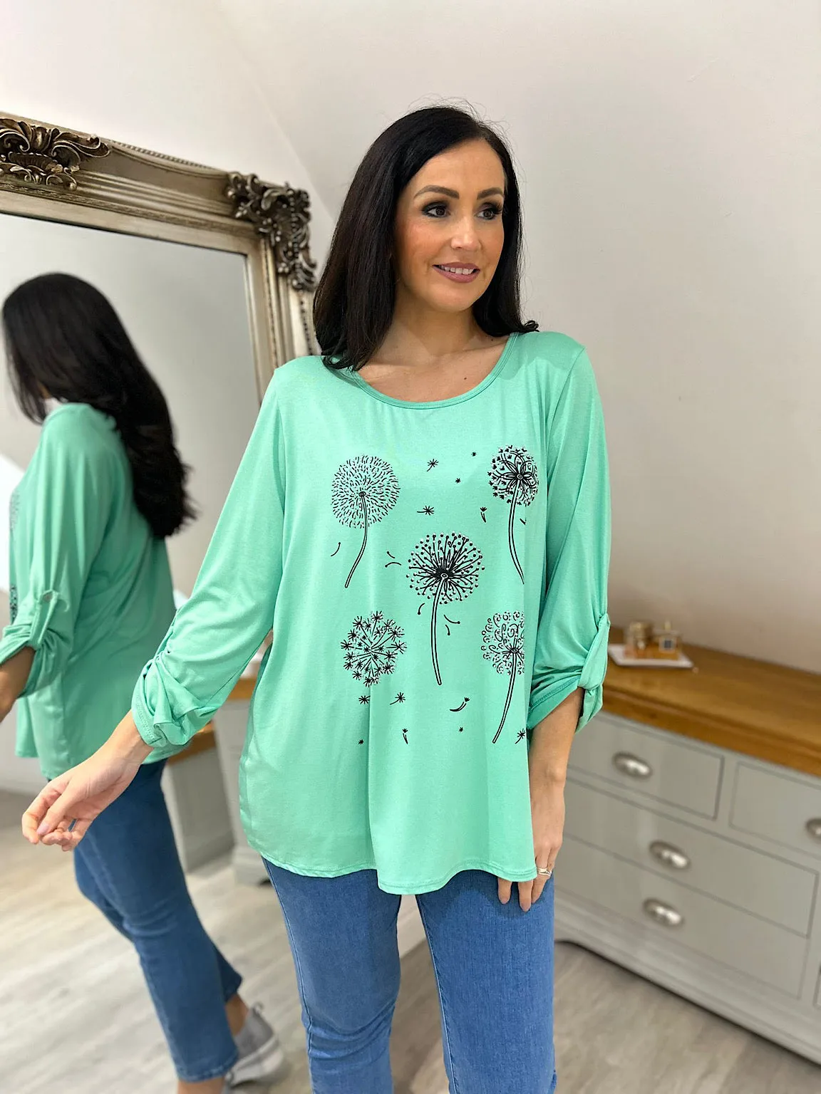 Mint Diamante Dandelion Pattern Top Tanya