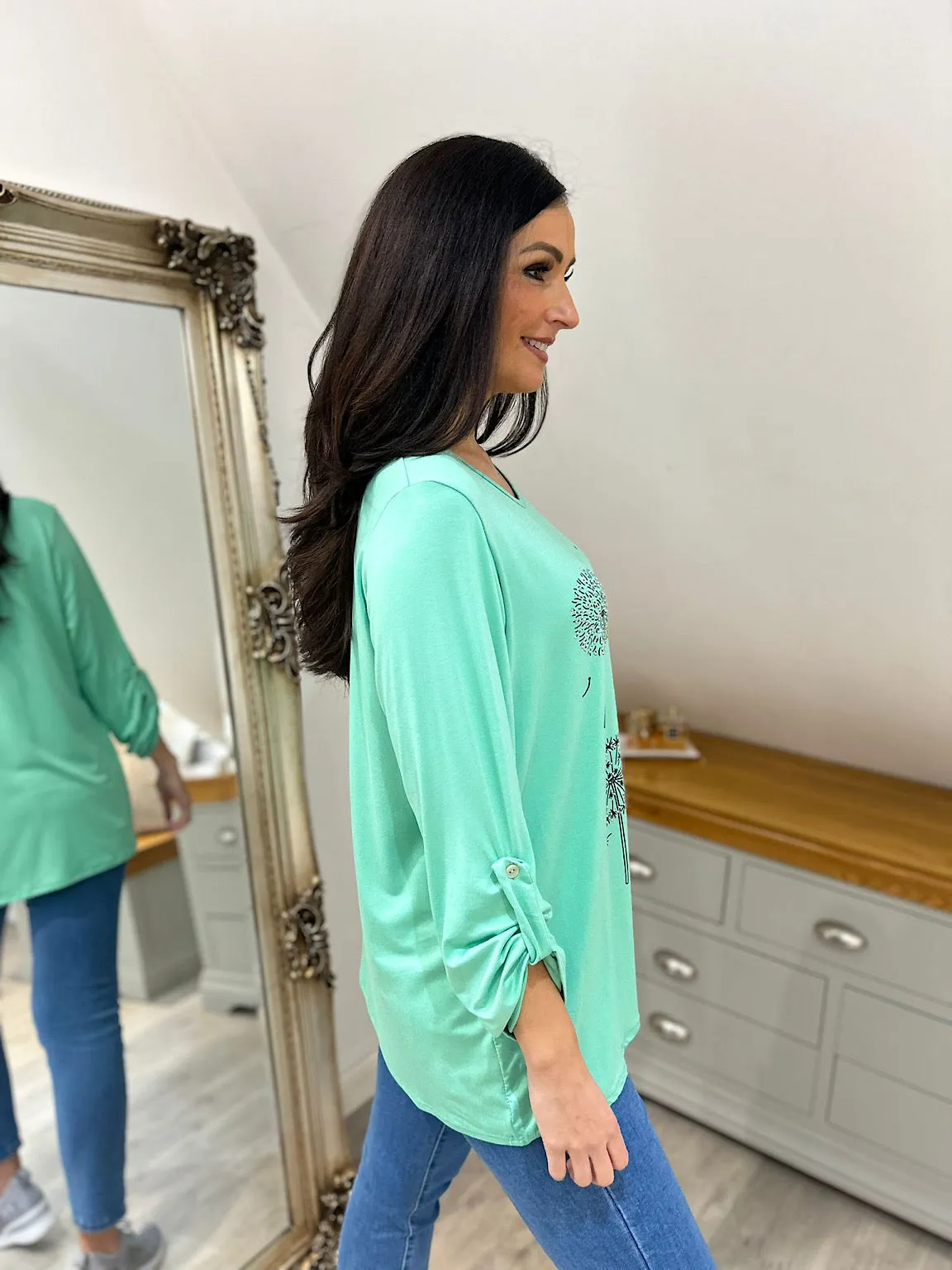 Mint Diamante Dandelion Pattern Top Tanya