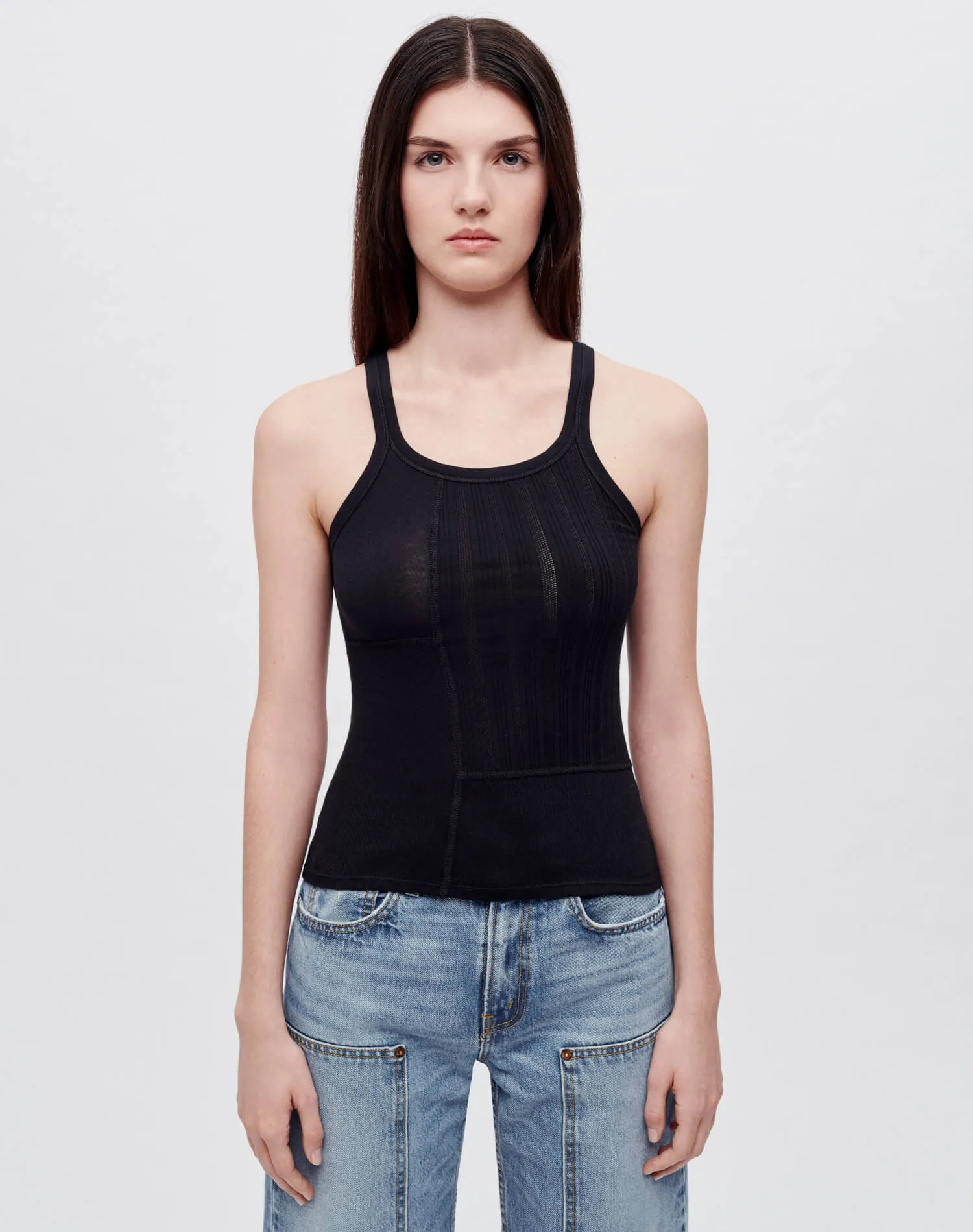 Mixed Media Ribbed Tank - Black Multi