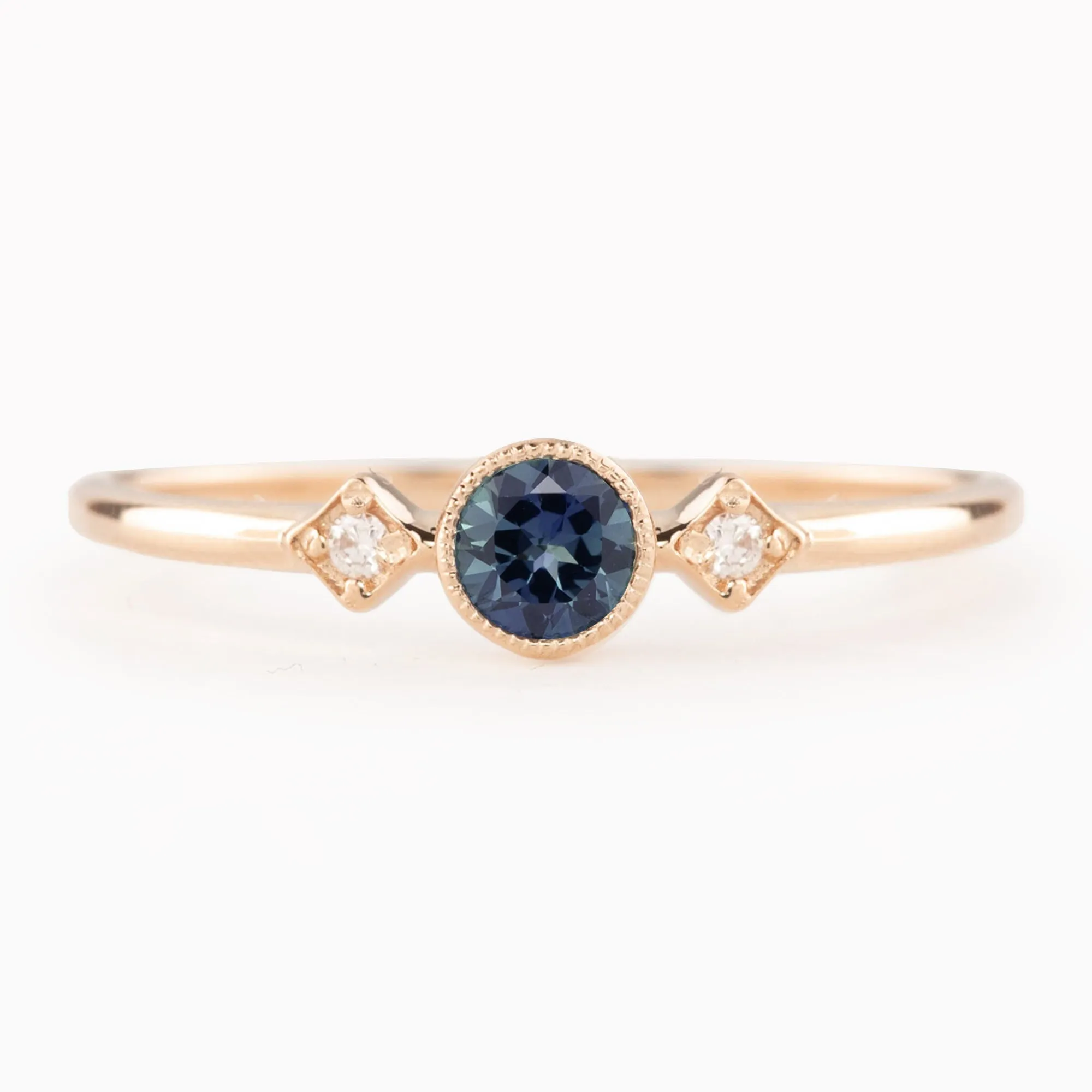 Moon& Star Ring - 4mm 0.30ct Teal Blue Queensland Sapphire, 14k Rose Gold