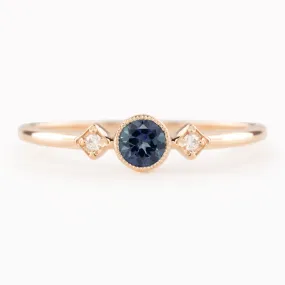 Moon& Star Ring - 4mm 0.30ct Teal Blue Queensland Sapphire, 14k Rose Gold