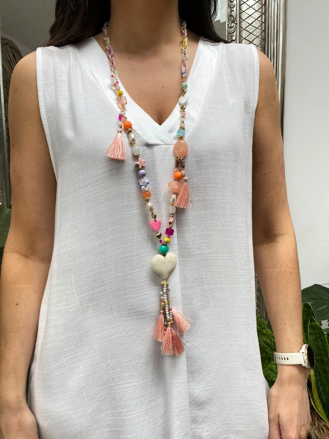 Multi Shape Tassel Heart Necklace