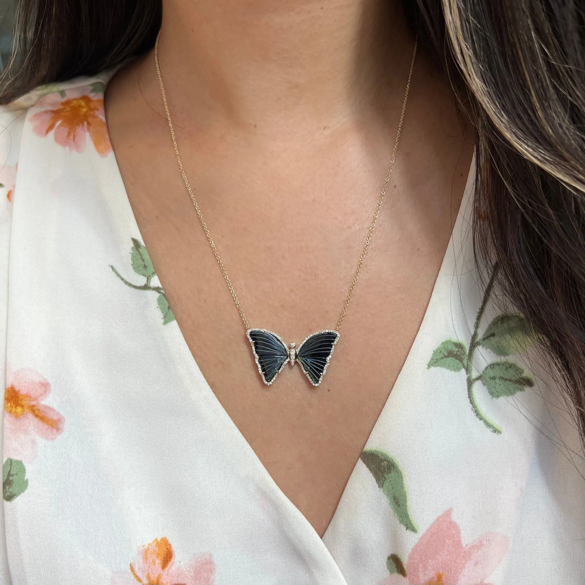 Navy Blue and Deep Green Tourmaline Butterfly Necklace with Diamonds