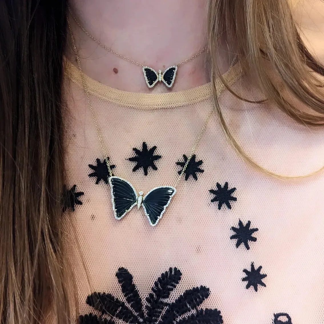 Navy Blue and Deep Green Tourmaline Butterfly Necklace with Diamonds