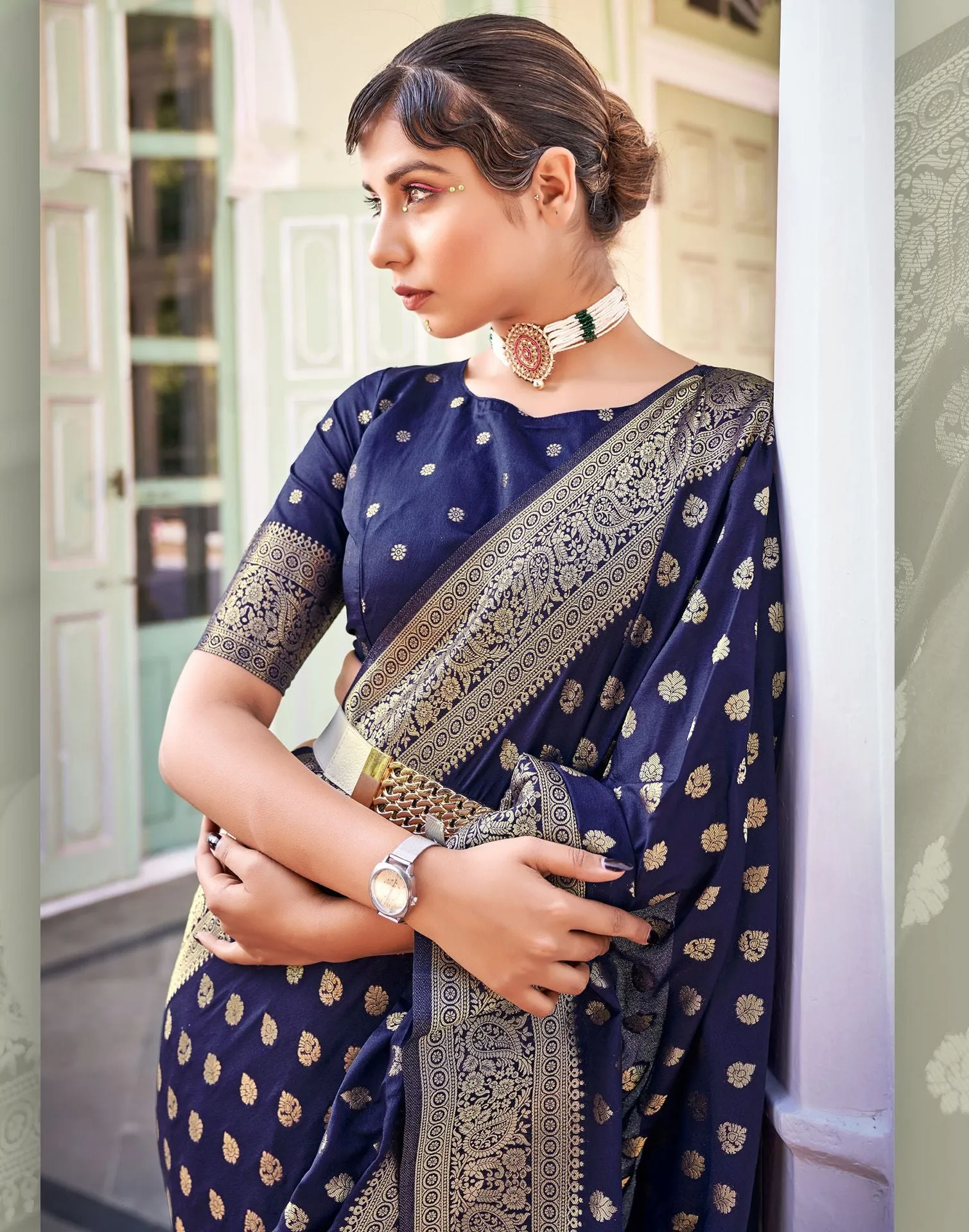 Navy Blue Banarasi Saree