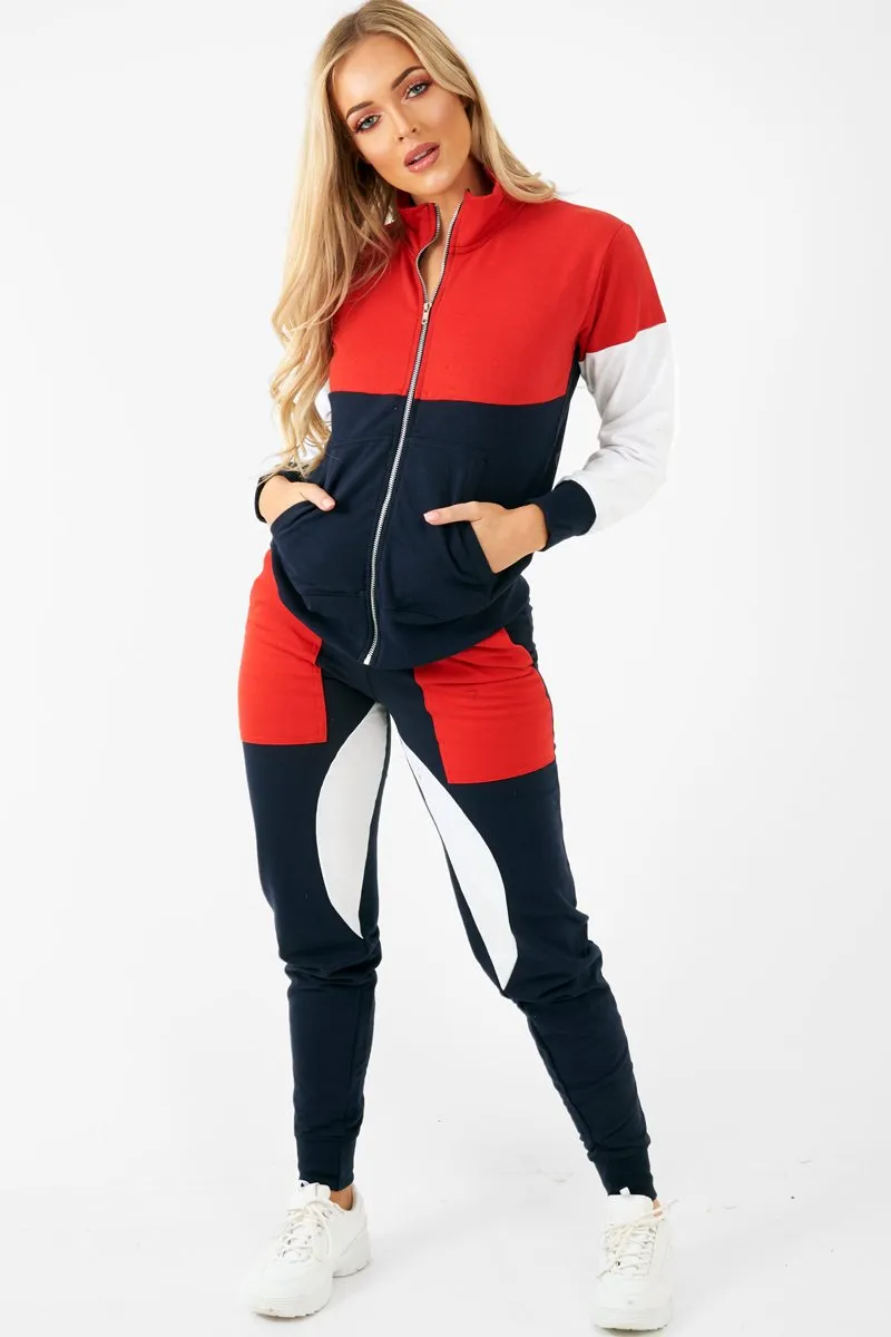 Navy Red White Colour Block Tracksuit - Karalynn