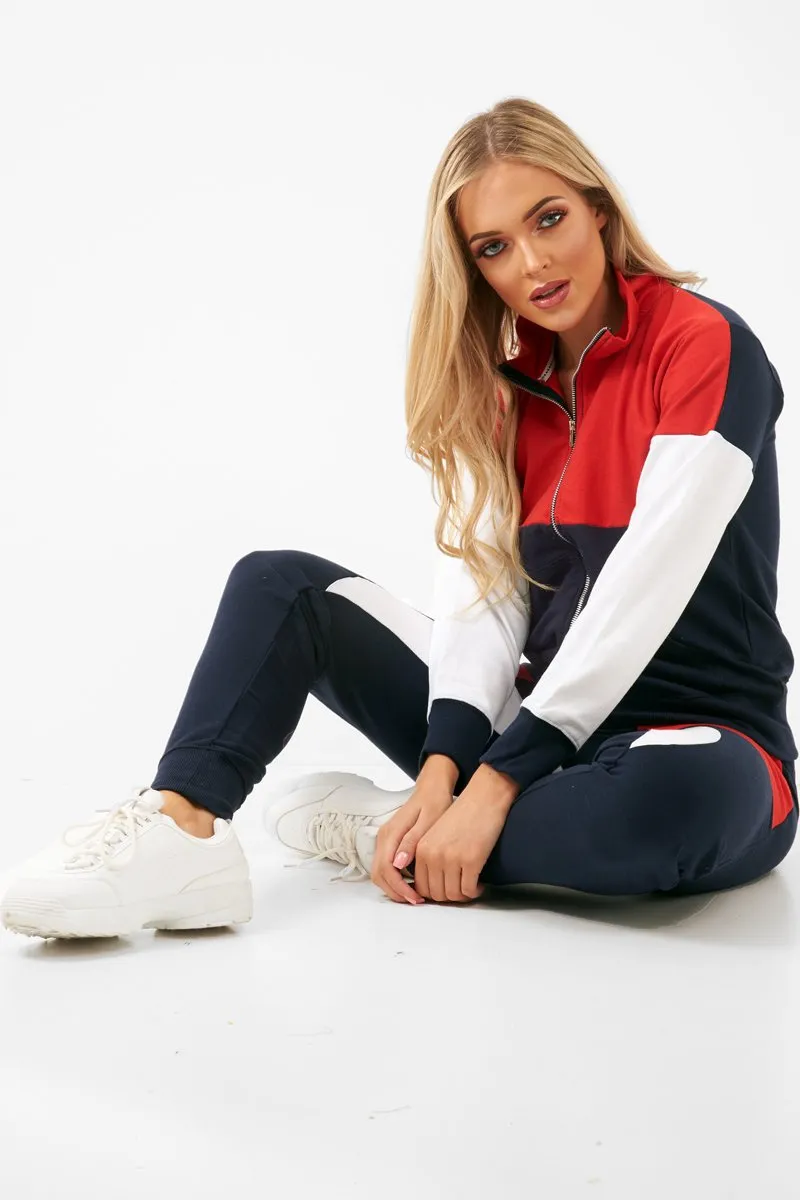 Navy Red White Colour Block Tracksuit - Karalynn