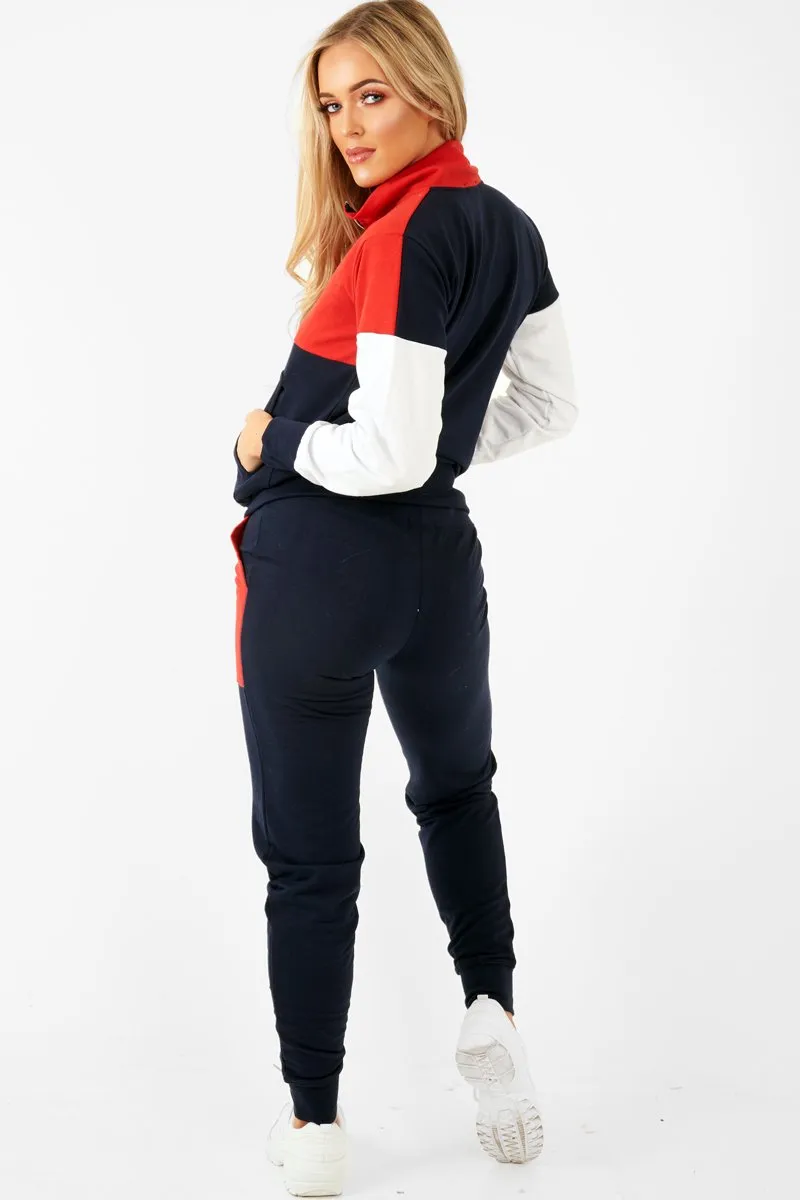 Navy Red White Colour Block Tracksuit - Karalynn