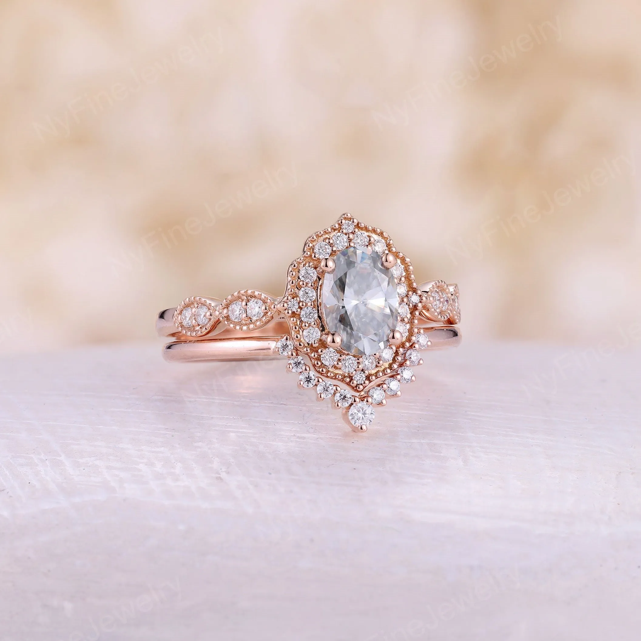 Oval Grey Moissanite Rose Gold Milgrain Halo Bridal Set