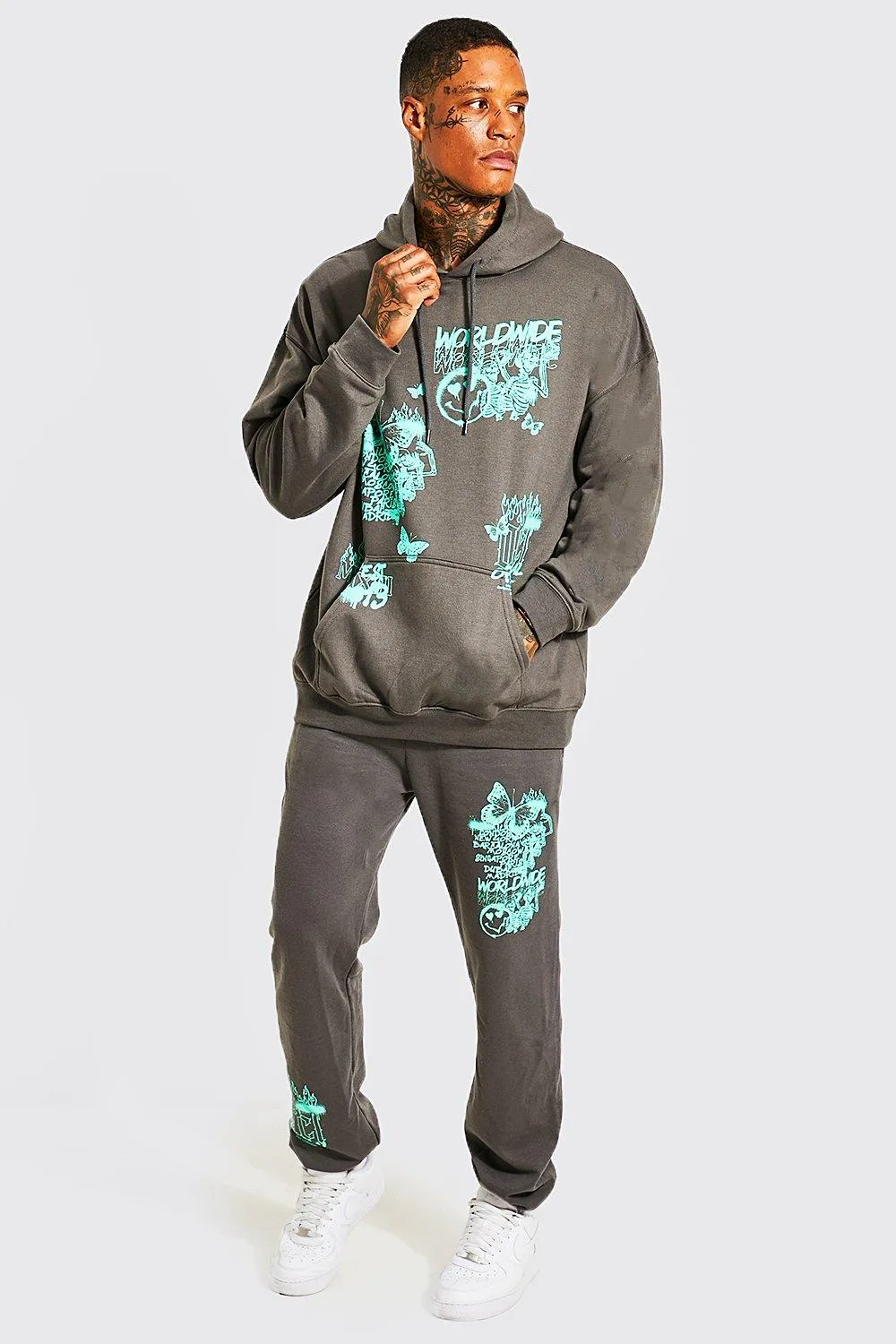 Oversized Graffiti Hooded Tracksuit | boohooMAN UK