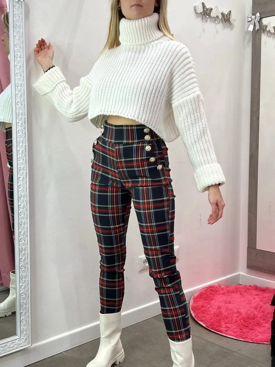 Pantaloni neri scozzesi con bottoni gioiello